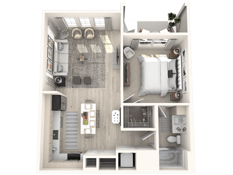 Floor plan for 1 bed, 1 bath, 767 sqft